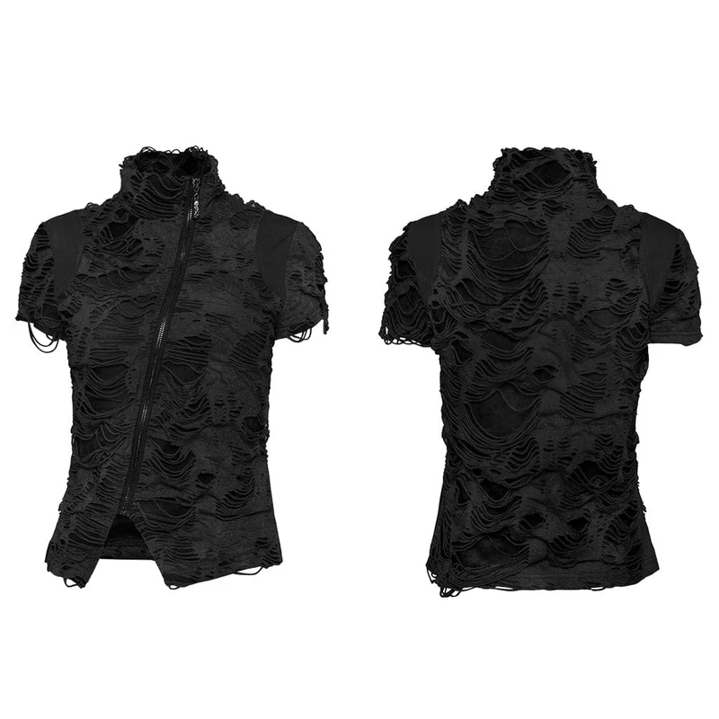 Damen Punk Ripped Distressed Kurzarmhemd Schwarz