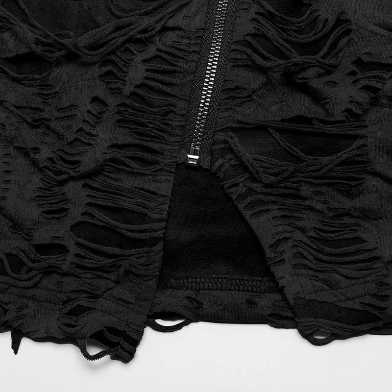 Damen Punk Ripped Distressed Kurzarmhemd Schwarz