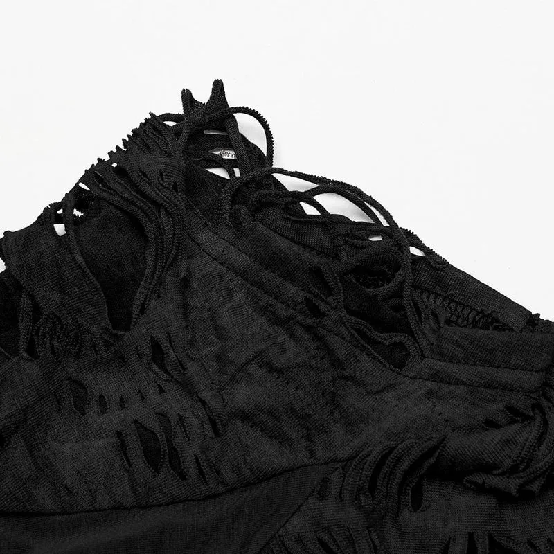 Damen Punk Ripped Distressed Kurzarmhemd Schwarz