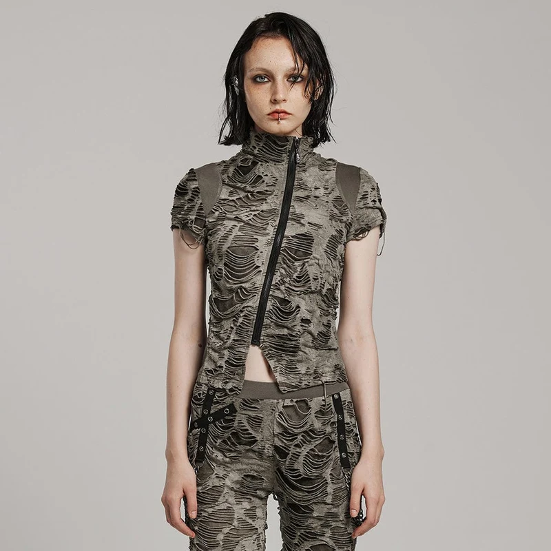 Damen-Punk-Hemd mit kurzen Ärmeln und zerrissenem Used-Look
