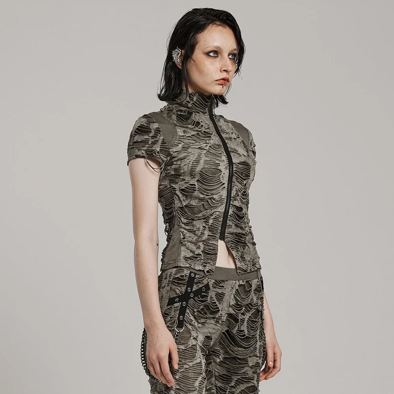 Damen-Punk-Hemd mit kurzen Ärmeln und zerrissenem Used-Look