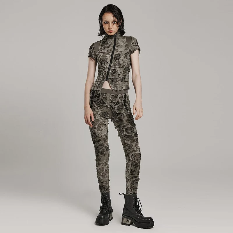 Damen-Punk-Hemd mit kurzen Ärmeln und zerrissenem Used-Look