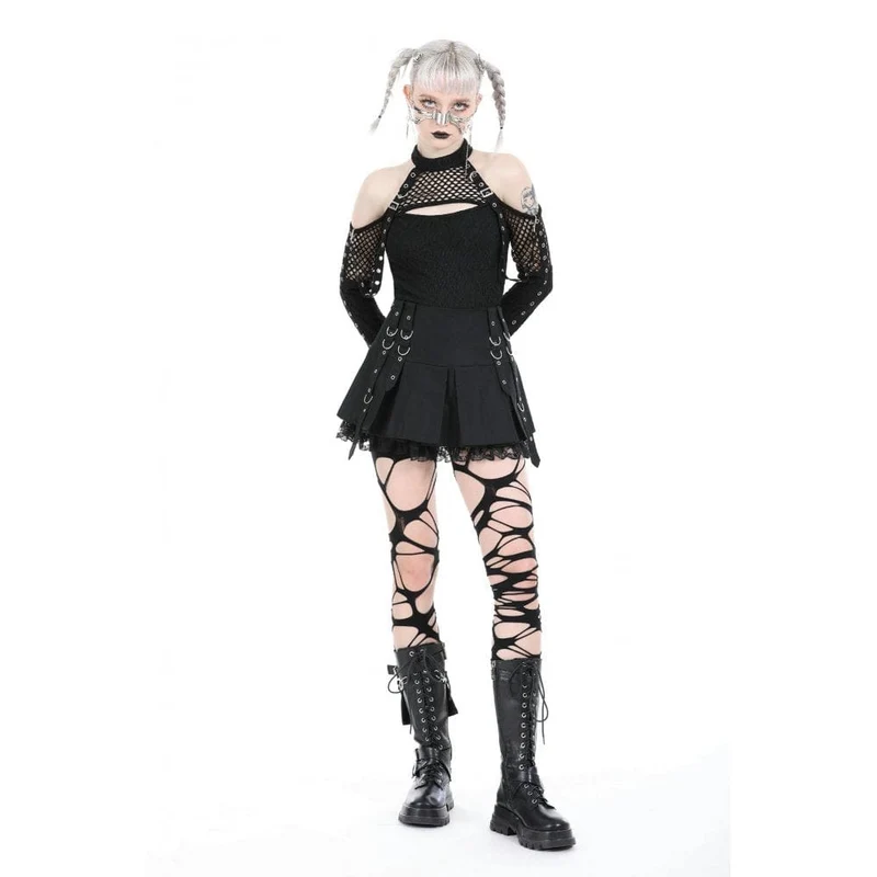 Schulterfreies Punk-Spleißhemd für Damen mit Netzstoff