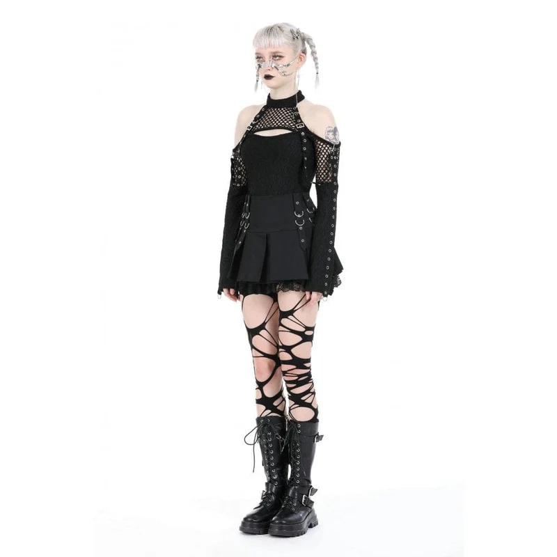 Schulterfreies Punk-Spleißhemd für Damen mit Netzstoff