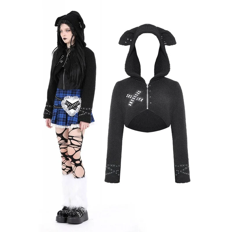 Gothic-Sherpa-Jacke mit Nieten für Damen und Kapuze