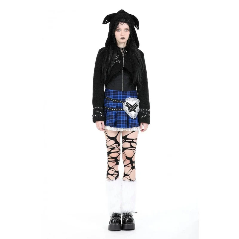 Gothic-Sherpa-Jacke mit Nieten für Damen und Kapuze