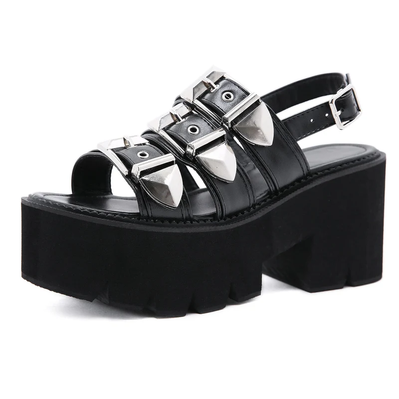 Damen-Punk-Peep-Toe-Plateausandalen mit geschichteten Schnallen
