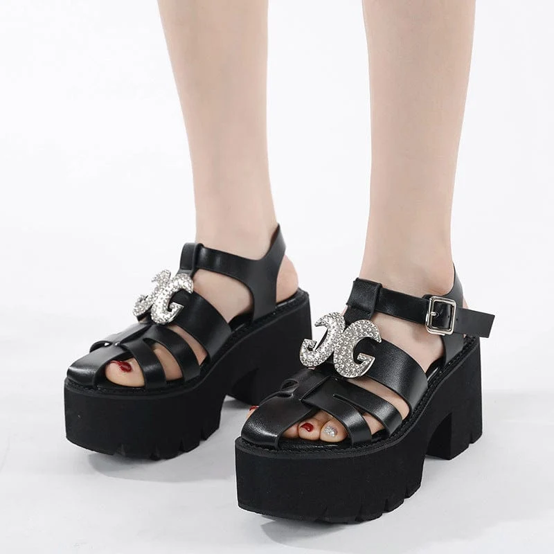 Punk-Plateausandalen mit Strass-Schnalle für Damen