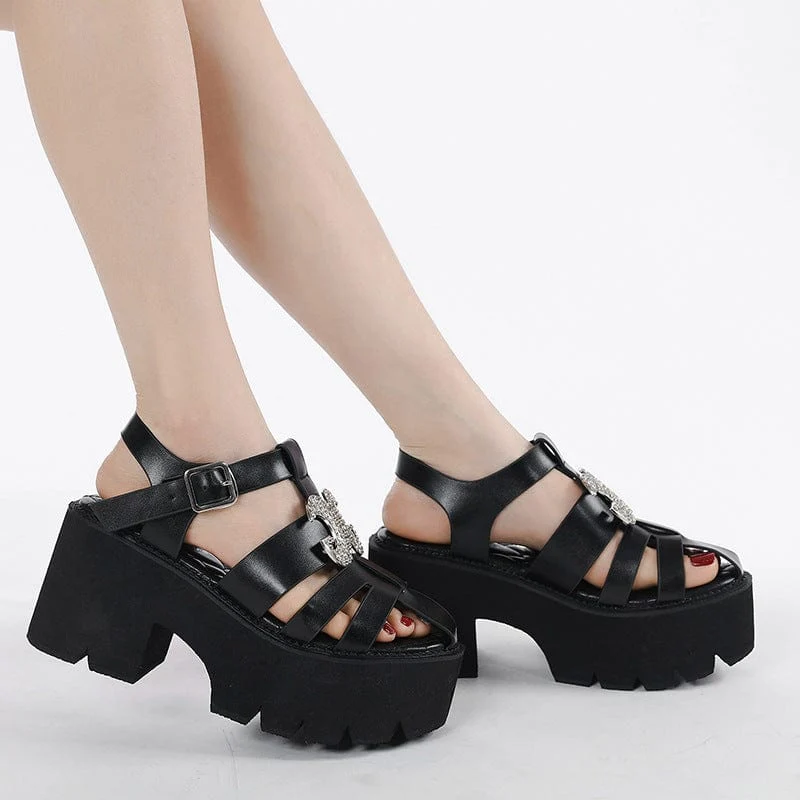 Punk-Plateausandalen mit Strass-Schnalle für Damen
