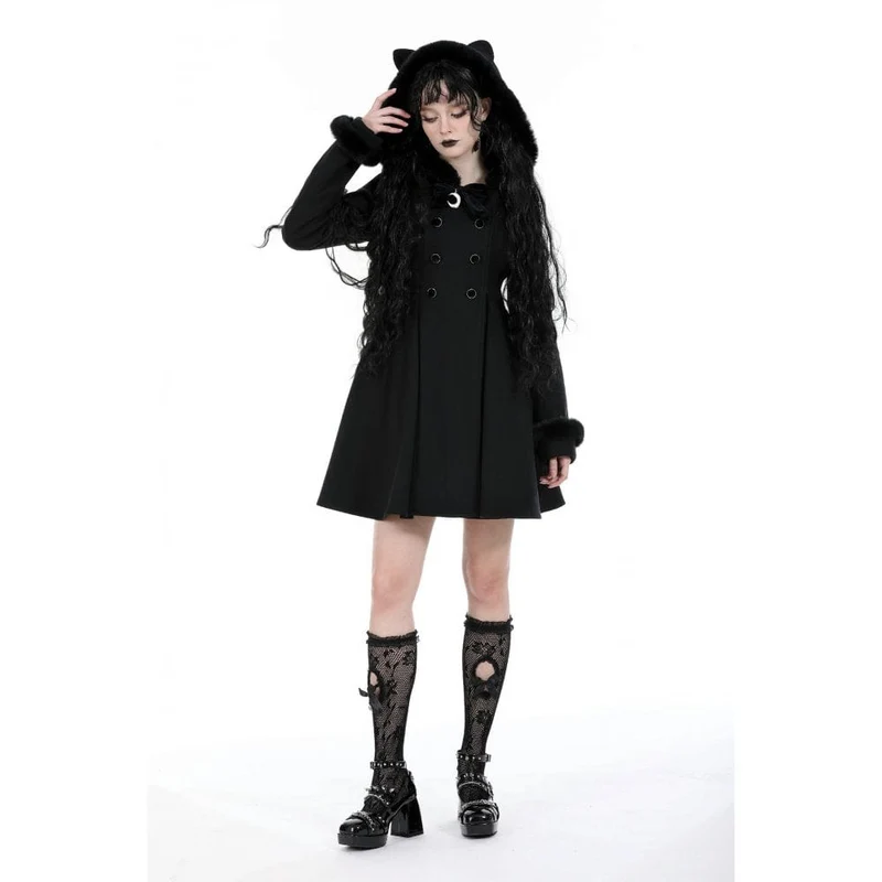 Flauschiger, gespleißter Gothic-Wollmantel für Damen mit Katzenohren-Kapuze