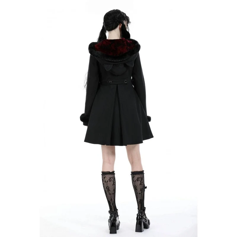 Flauschiger, gespleißter Gothic-Wollmantel für Damen mit Katzenohren-Kapuze