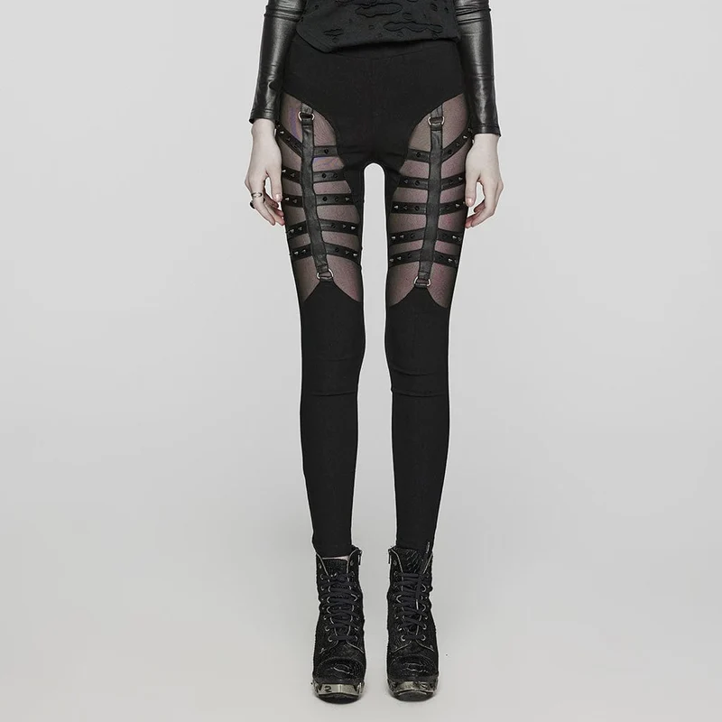 Punk-Mesh-Leggings mit Riemchen und Nieten für Damen