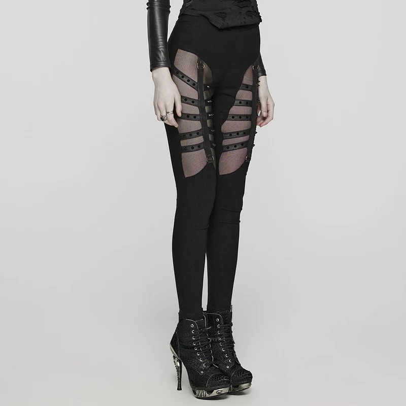 Punk-Mesh-Leggings mit Riemchen und Nieten für Damen
