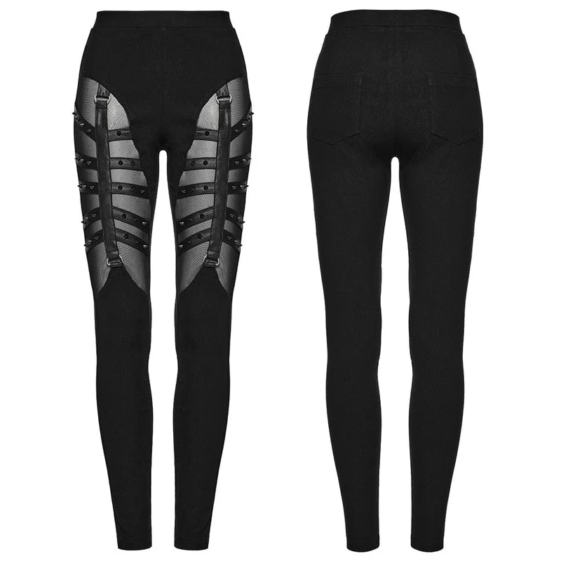Punk-Mesh-Leggings mit Riemchen und Nieten für Damen
