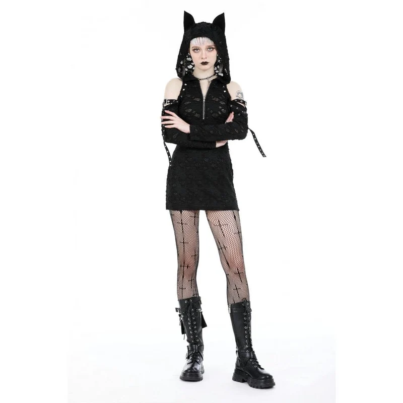 Schulterfreies, zerrissenes Punk-Kleid für Damen mit Kapuze