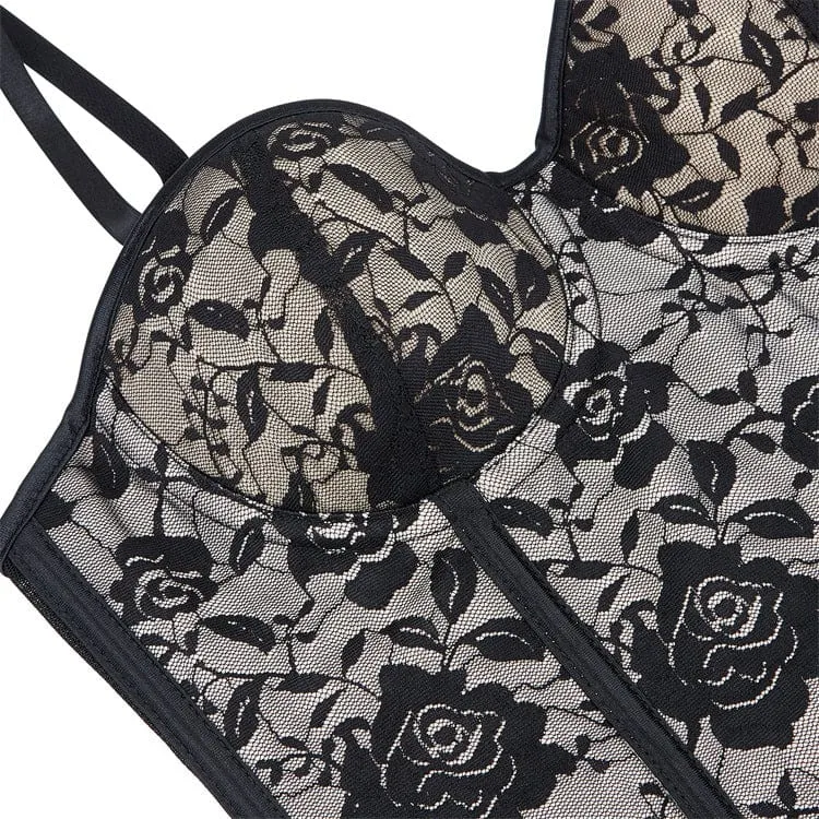 Damen-Hosenträger-Vollbrustkorsett mit Gothic-Blumendruck