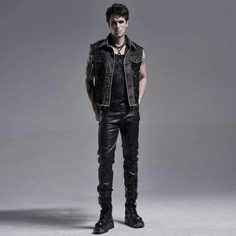 Herren Punk Denim Westen Mit Nieten
