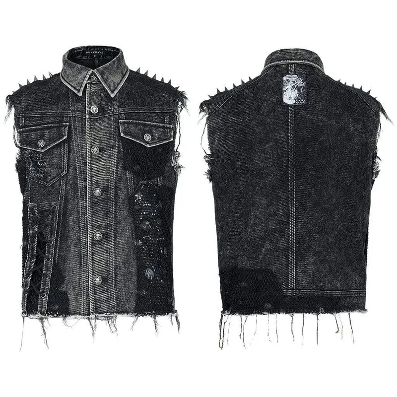 Herren Punk Denim Westen Mit Nieten