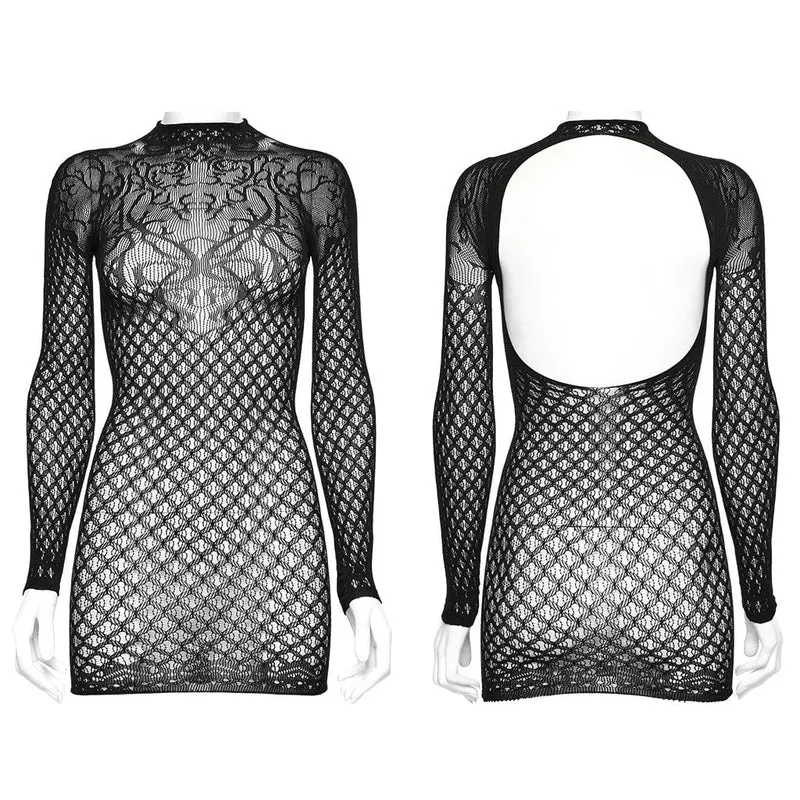 Damen-Gothic-Mesh-Ausschnitt-Kleid mit langen Ärmeln