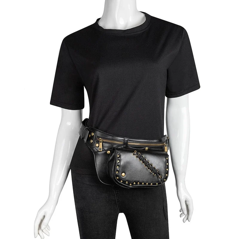 Damen-Gürteltasche mit Punk-Schnürung und Metallnägeln