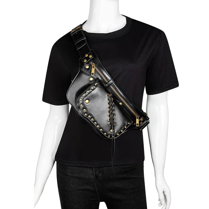 Damen-Gürteltasche mit Punk-Schnürung und Metallnägeln