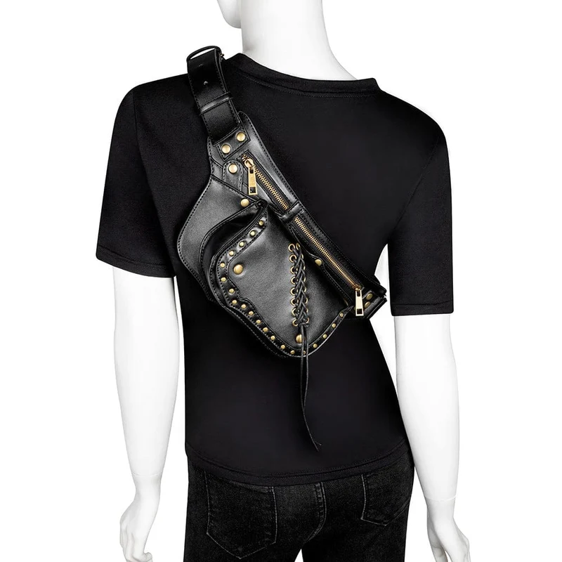 Damen-Gürteltasche mit Punk-Schnürung und Metallnägeln