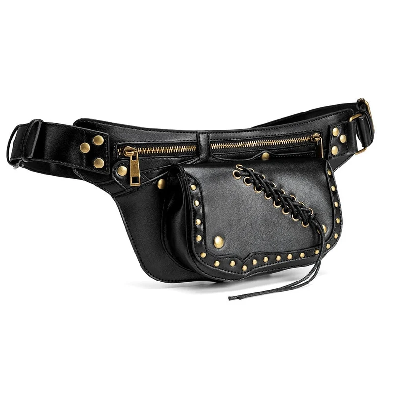 Damen-Gürteltasche mit Punk-Schnürung und Metallnägeln
