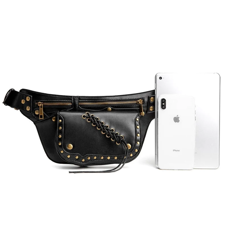 Damen-Gürteltasche mit Punk-Schnürung und Metallnägeln