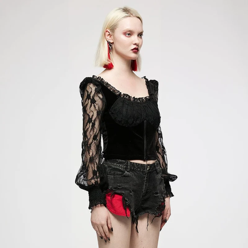 Gothic-Jacke mit Blumenspitzenärmeln und quadratischem Kragen für Damen