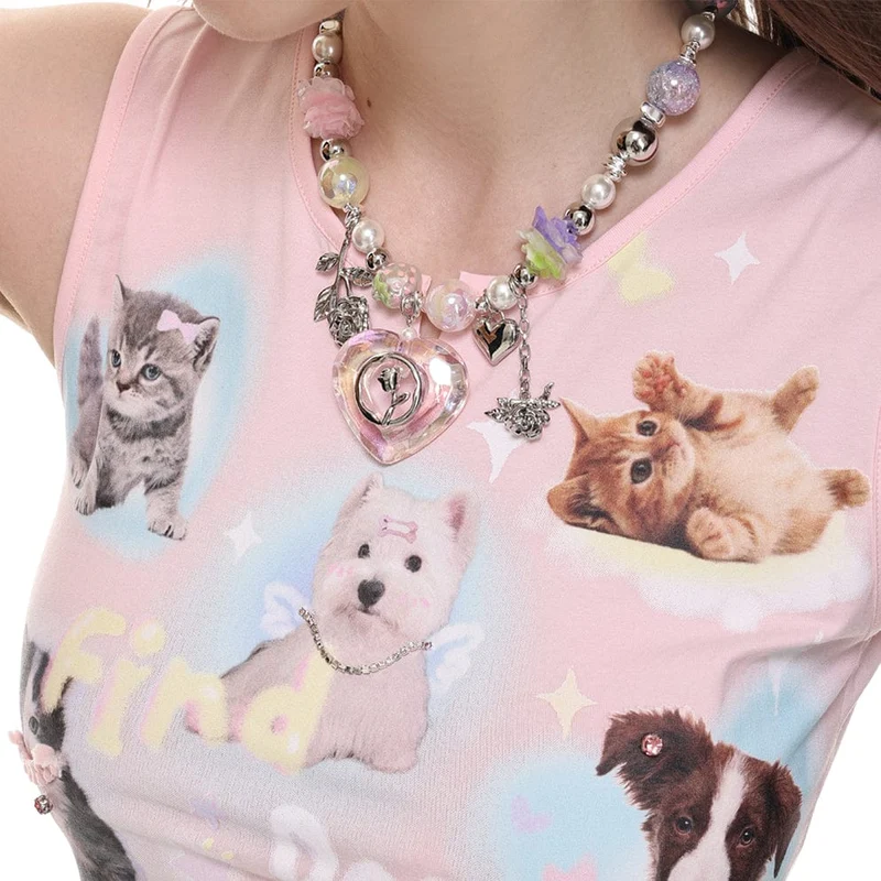 Damen-Lolita-Halskette mit bunten Perlen und Herzen