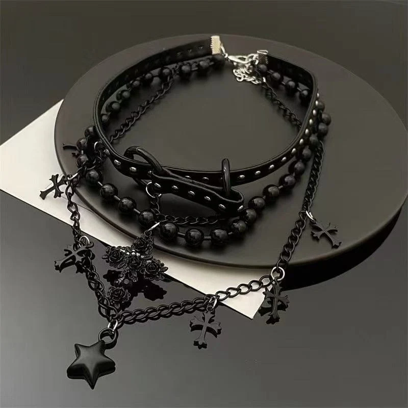 Mehrschichtiger Punk Cross Star-Halsband für Damen