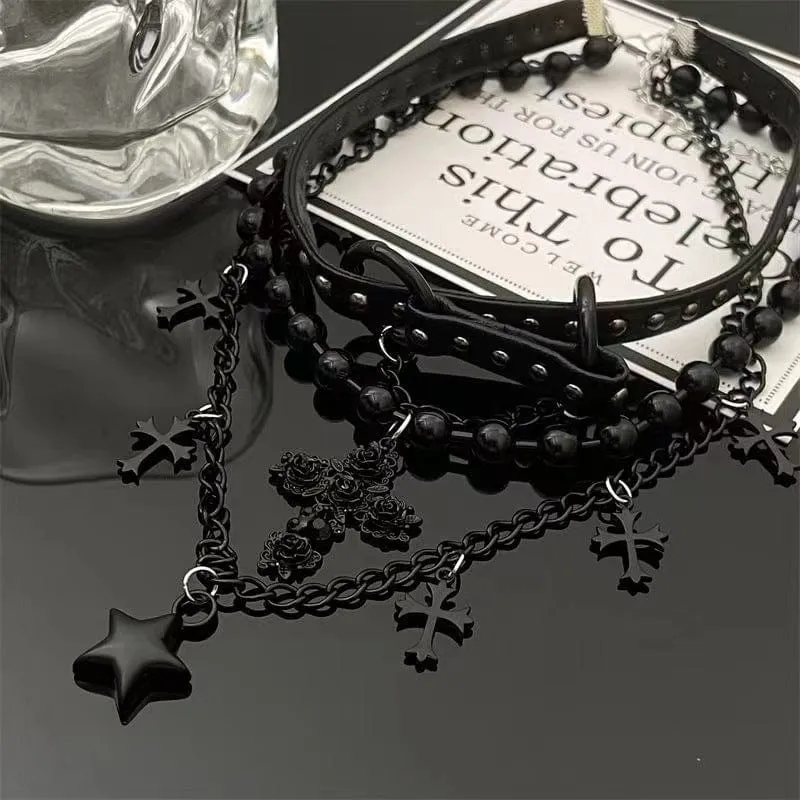 Mehrschichtiger Punk Cross Star-Halsband für Damen
