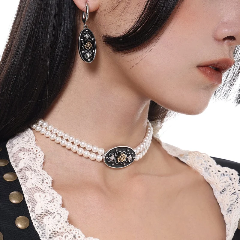 Damen Gothic Rose Pearl Layered Choker
