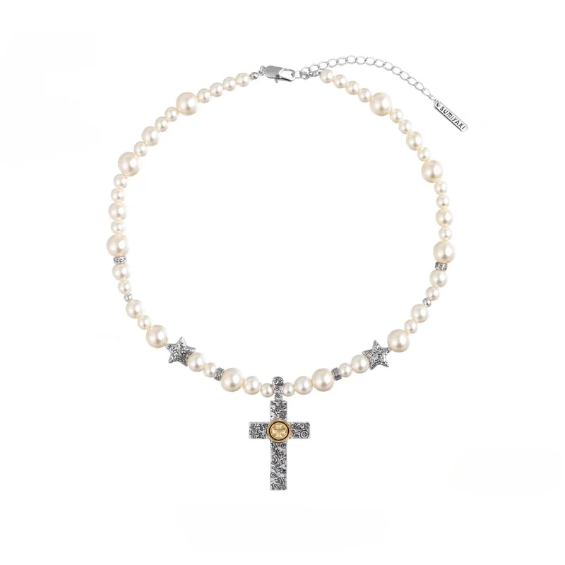 Damen-Punk-Kreuz-Perlen-Halskette