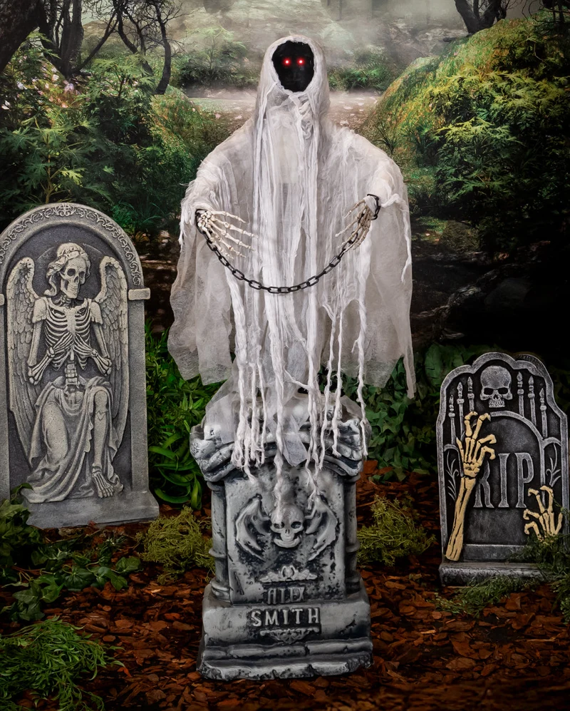 Weißes Phantom in Ketten Animatronic auf Grabstein 130cm