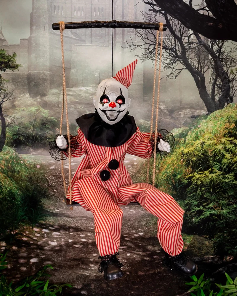 Zappelnder Horrorclown auf Schaukel Animatronic 70cm