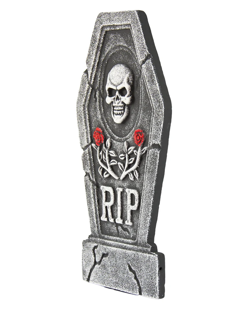 Sargförmiger Grabstein mit Skull & Rosen 40cm