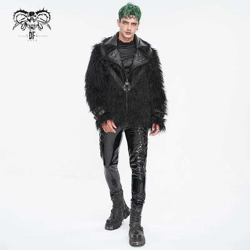 Herren-Punk-Jacke aus Kunstpelz mit Umlegekragen