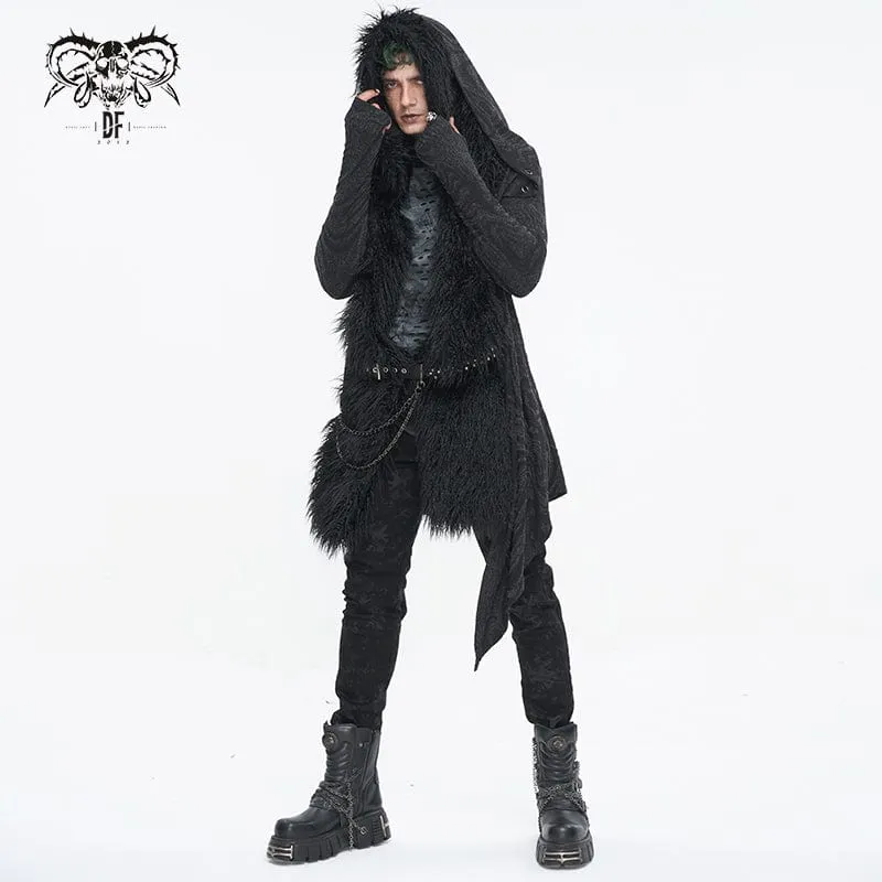 Unregelmäßiger Gothic-Mehrkettenmantel für Herren mit Kapuze in Schwarz