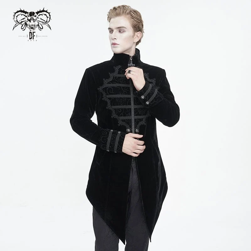 Herren Gothic-Mantel mit Stehkragen und Spitzenspleiß, Schwalbenschwanz, Schwarz