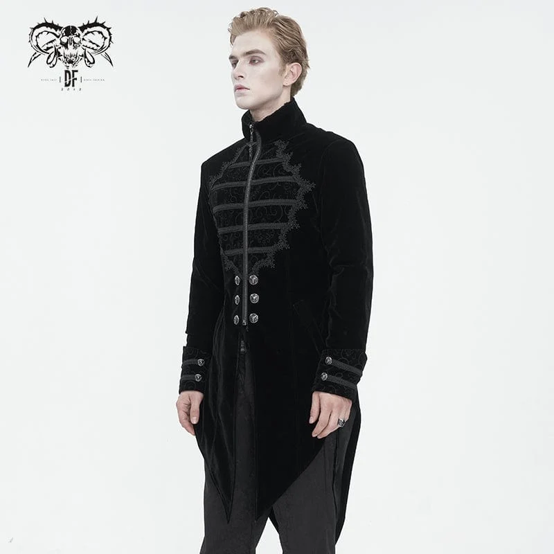Herren Gothic-Mantel mit Stehkragen und Spitzenspleiß, Schwalbenschwanz, Schwarz