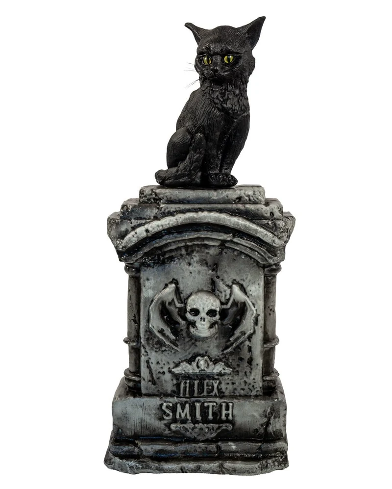 Verhexte Schwarze Katze mit Licht & Sound auf Grabstein 90cm