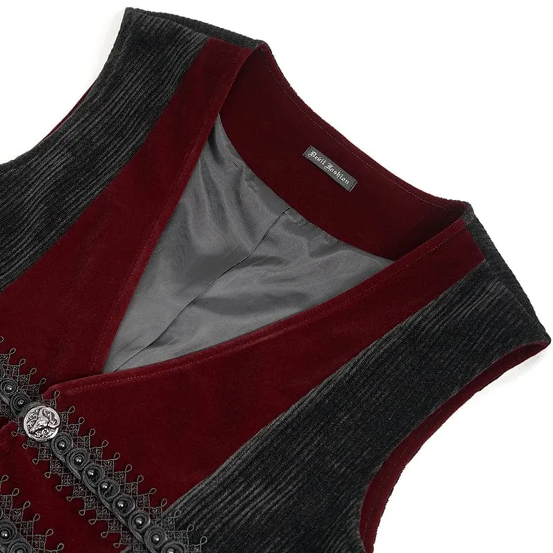 Herren-Gothic-Weste aus Cord mit unregelmäßigem Samtspleiß, Rot