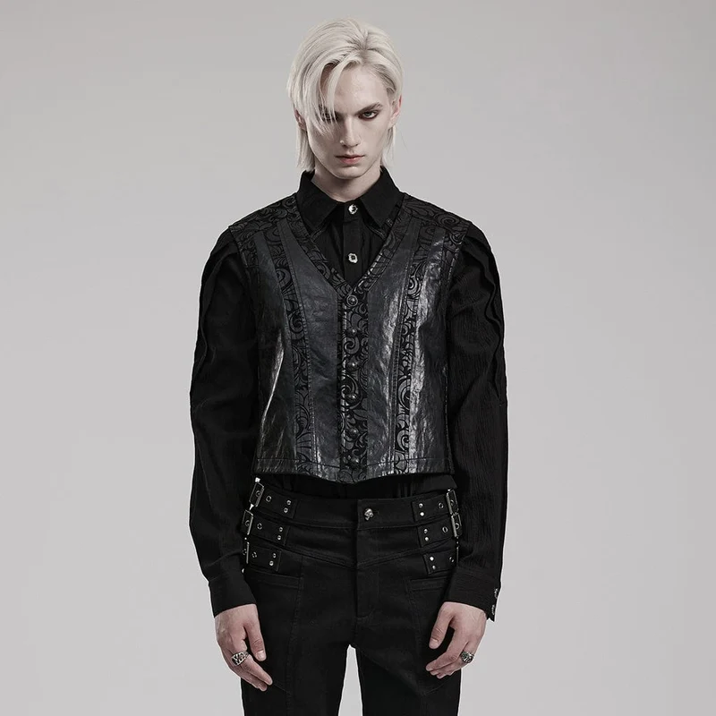 Herren-Gothic-Weste aus Kunstleder mit V-Ausschnitt und Blumenmuster