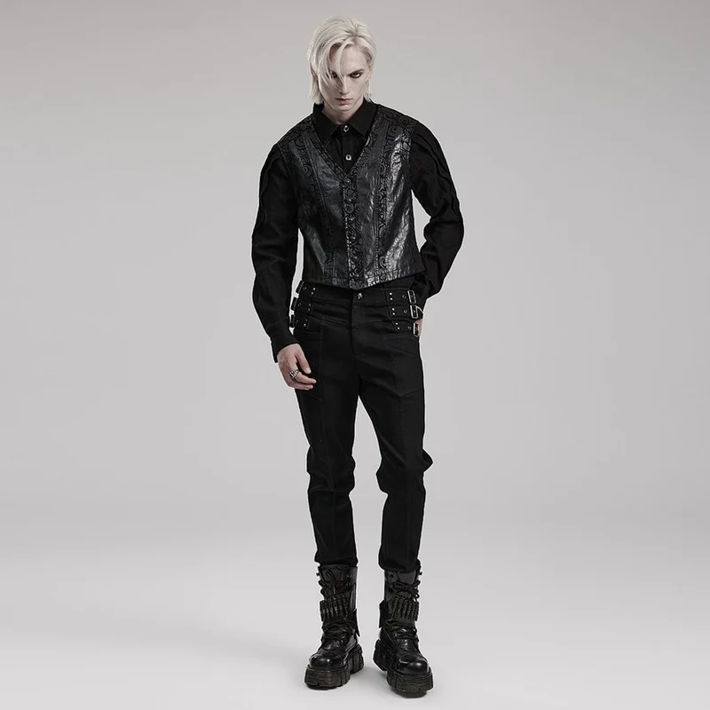 Herren-Gothic-Weste aus Kunstleder mit V-Ausschnitt und Blumenmuster