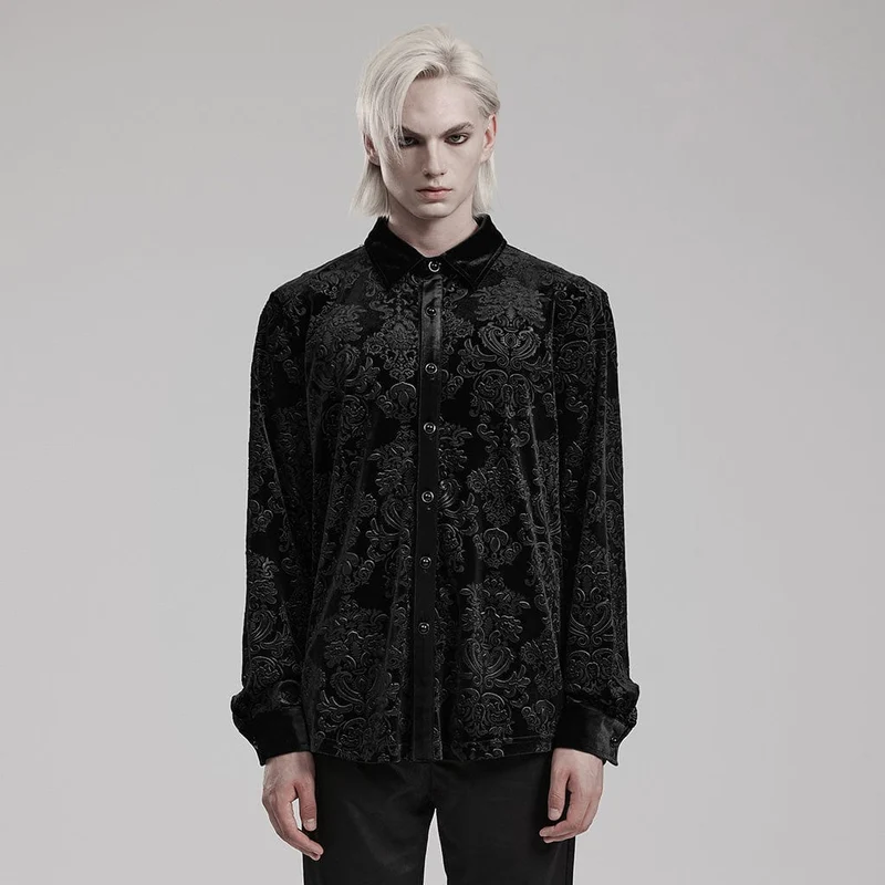 Schwarzes Herrenhemd aus geprägtem Samt im Gothic-Stil