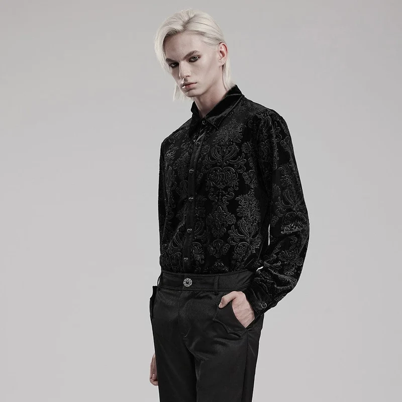 Schwarzes Herrenhemd aus geprägtem Samt im Gothic-Stil