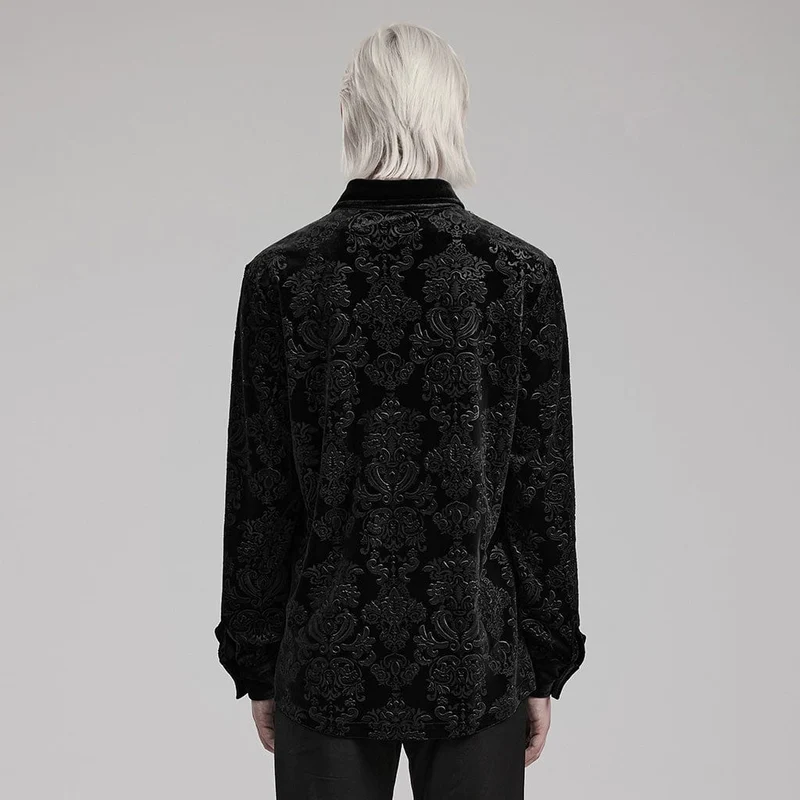 Schwarzes Herrenhemd aus geprägtem Samt im Gothic-Stil