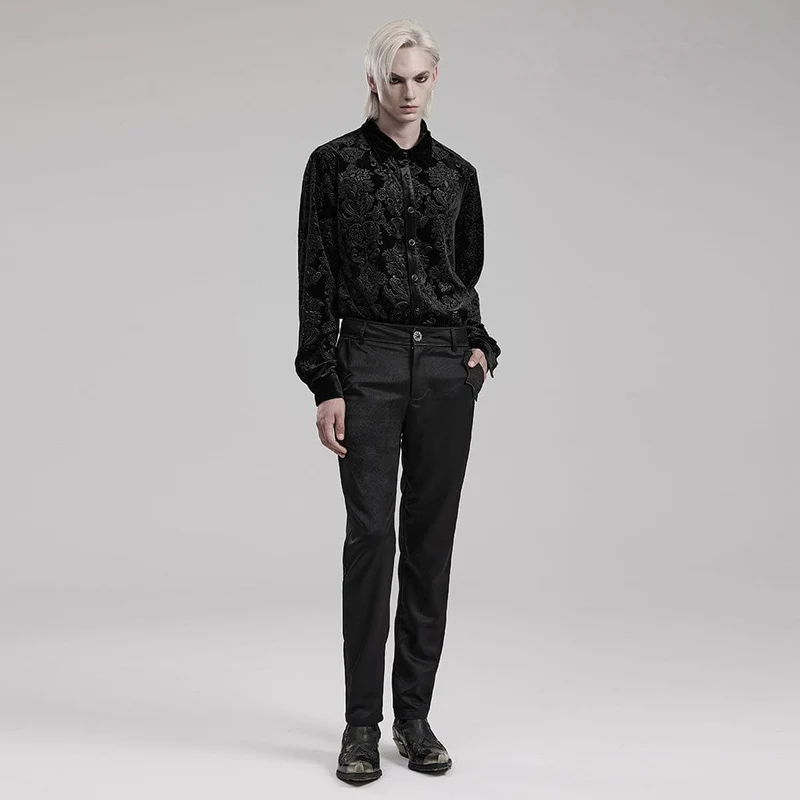 Schwarzes Herrenhemd aus geprägtem Samt im Gothic-Stil