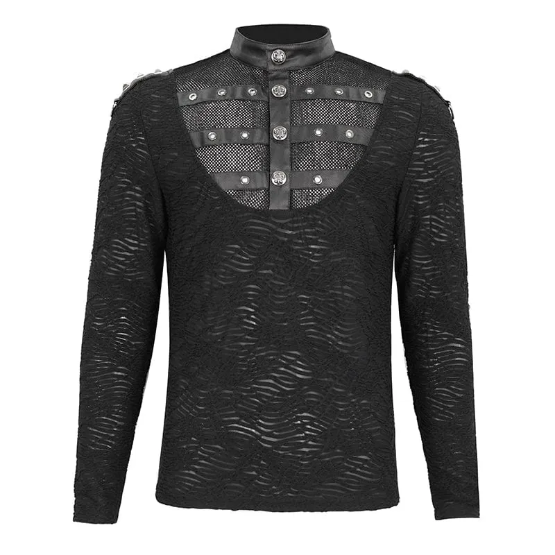 Herren-Punk-Stehkragen-Mesh-Splice-Hemd